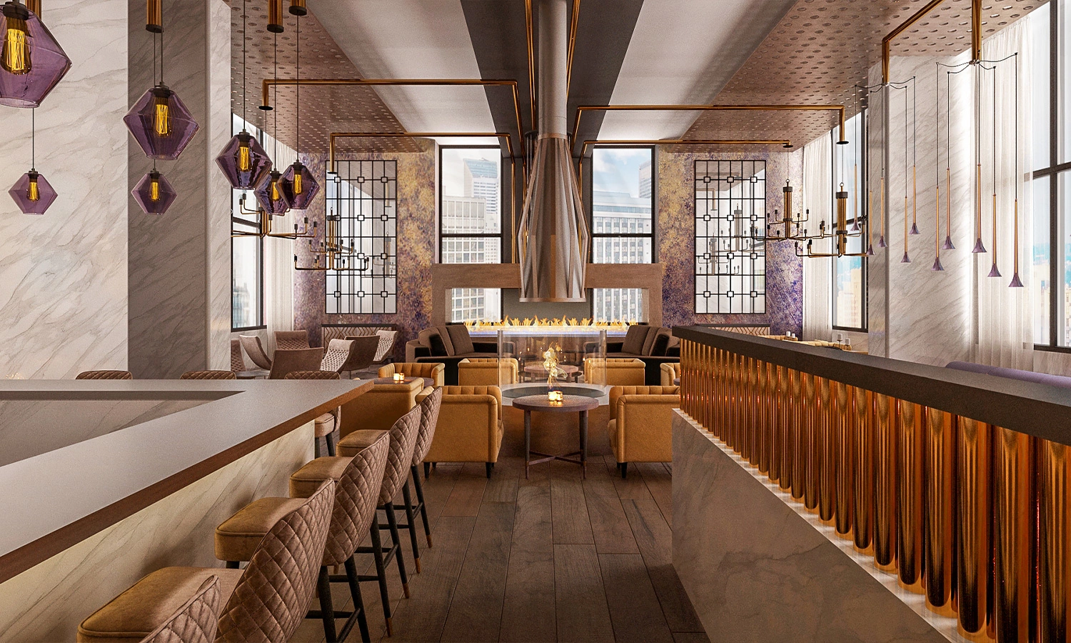 Contemporary bar with marble and copper accents — Bellevue, Ariana Designs