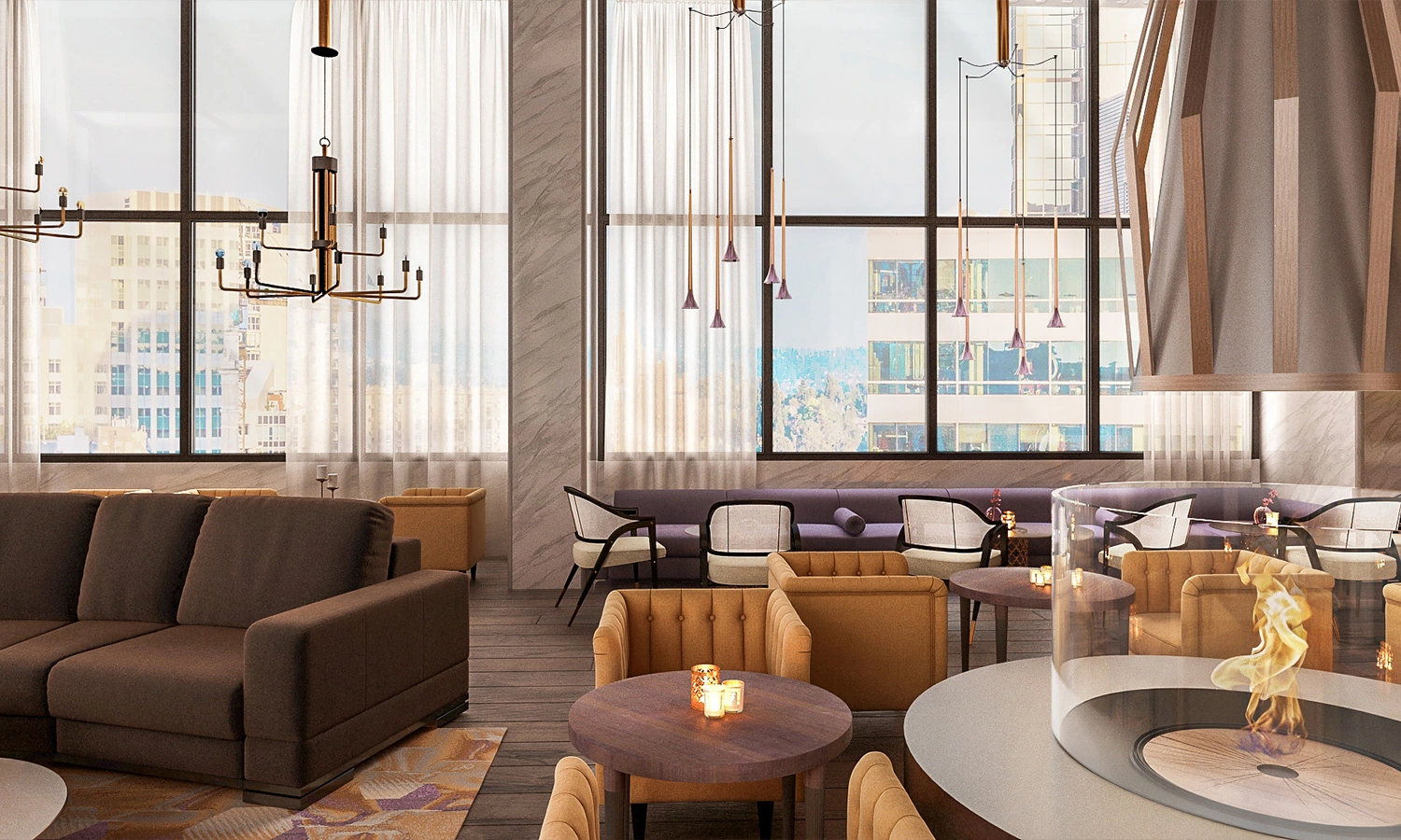 Layered hospitality interior with mixed seating — Bellevue, Ariana Designs