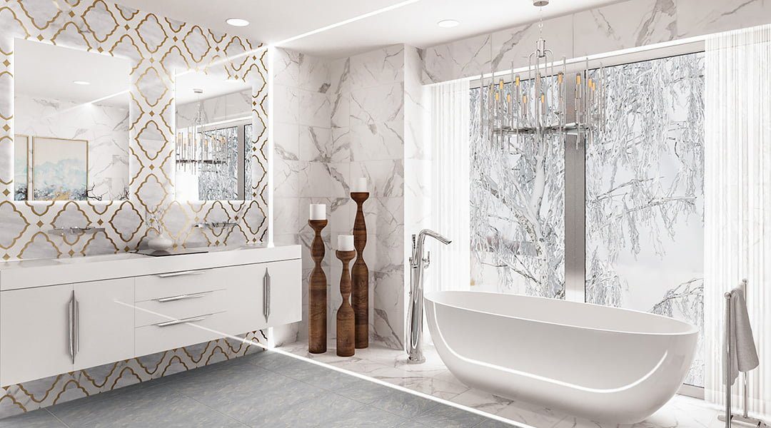 Elegant marble bathroom retreat with freestanding tub — Medina, Washington, Ariana Designs