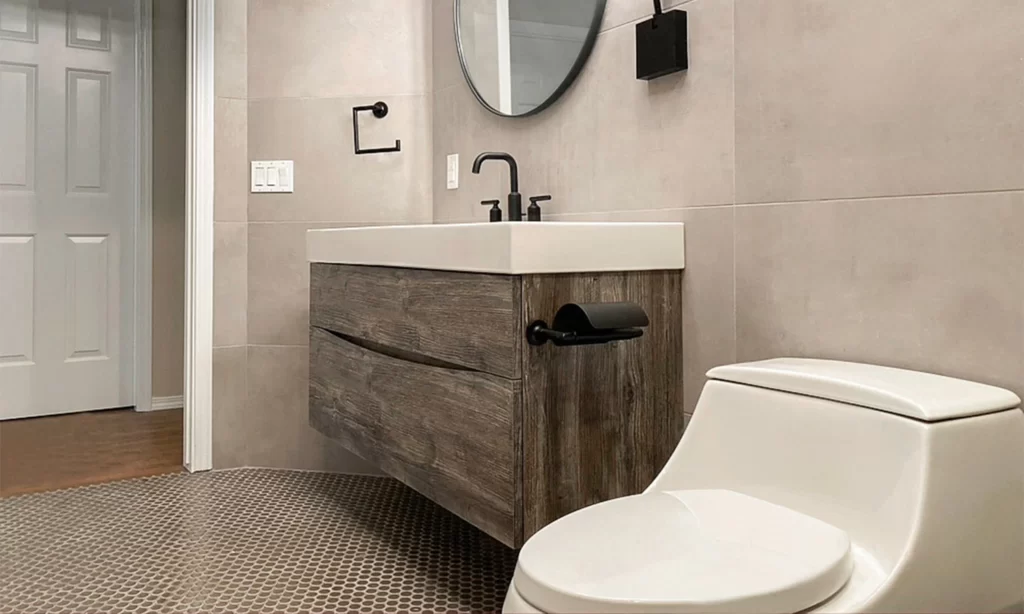 Contemporary bathroom design featuring sleek tiles, elegant vanity, and modern fixtures for a stylish look.