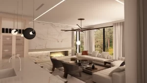 Sophisticated modern living room with natural light, elegant design, and inviting atmosphere.