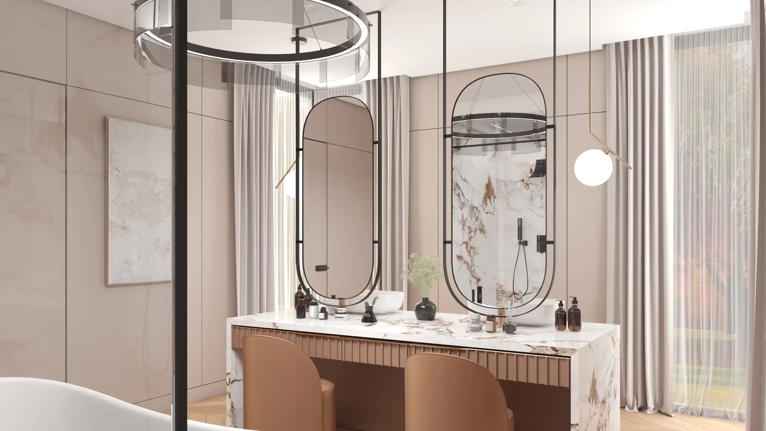 Sophisticated marble bathroom with stylish mirrors and abundant natural light — Medina, Ariana Designs