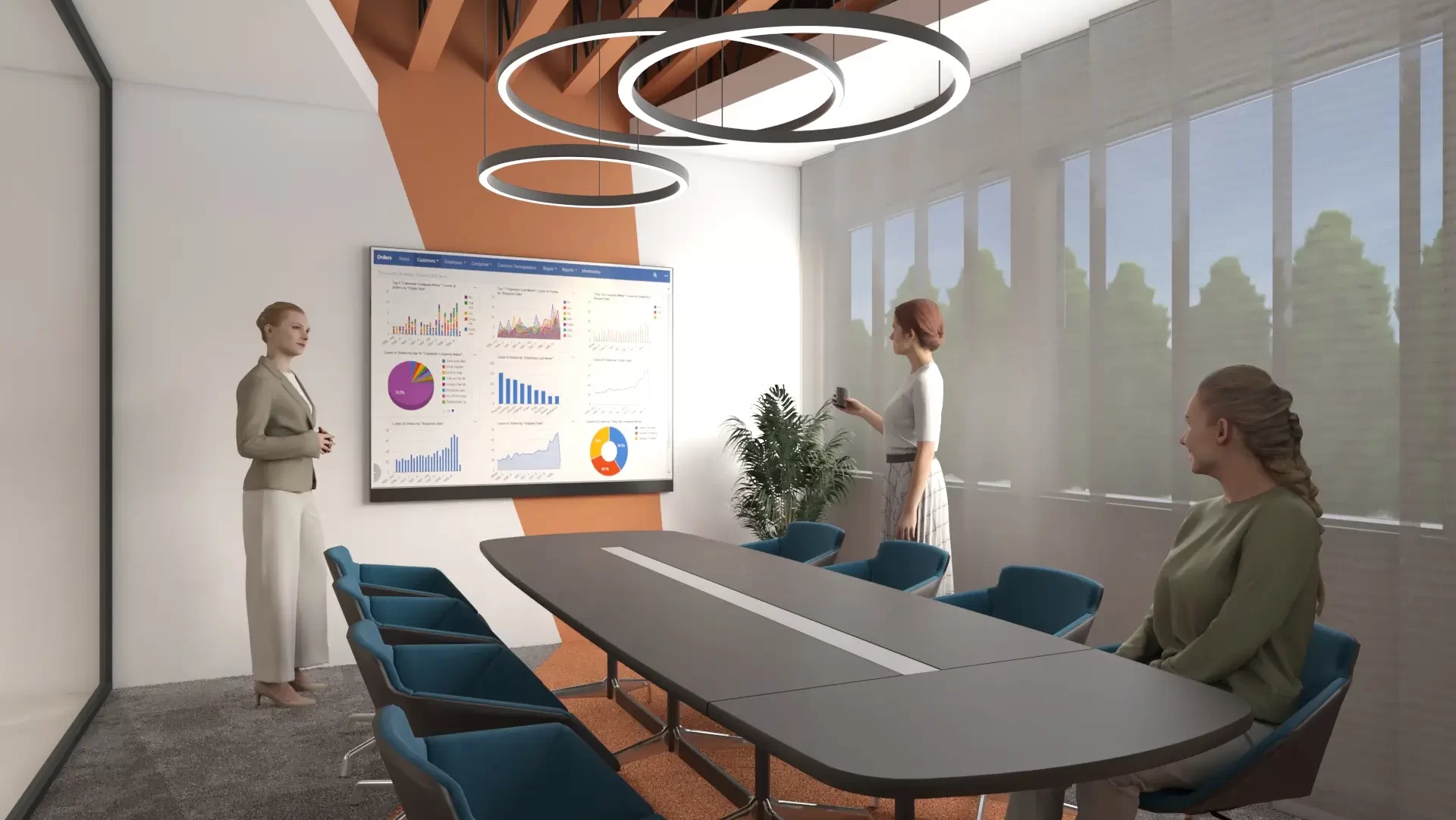 Modern conference space with structural beams — Lynnwood, Ariana Designs