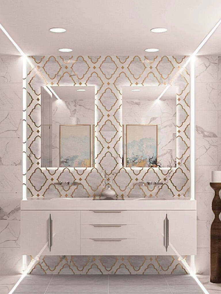 Elegant modern bathroom with marble tiles and gold accents — Tailhook, Medina, Ariana Designs