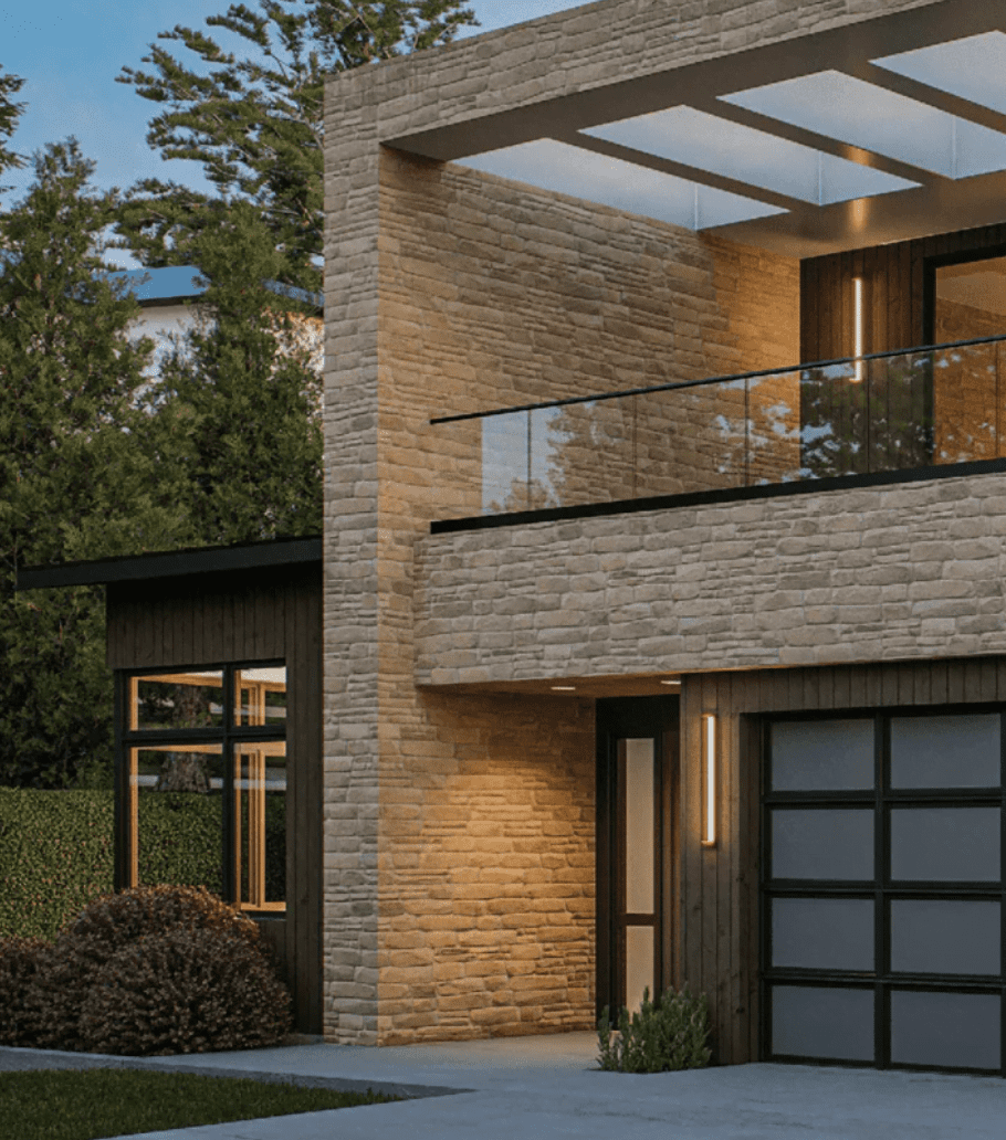 Modern home facade with black framing and stone cladding — Vuecrest, Ariana Designs, Bellevue