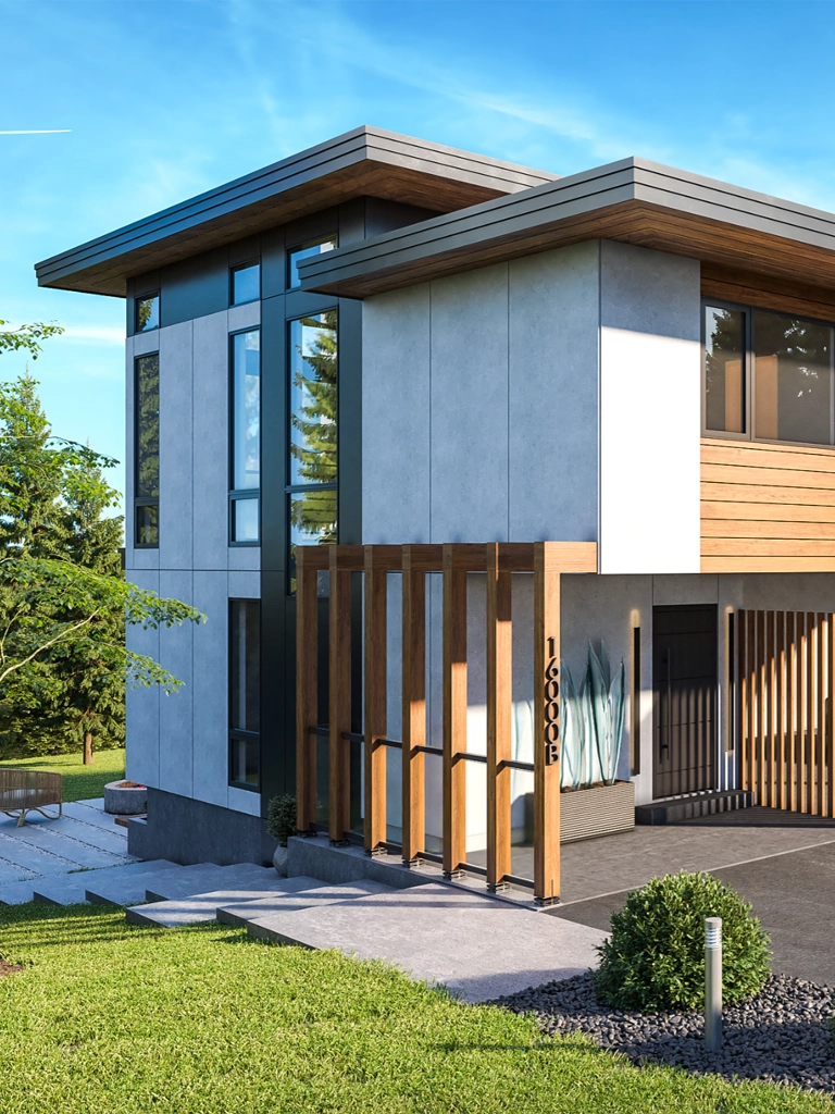 Modern house with landscaped entrance — Lake Forest Park addition, Ariana Designs