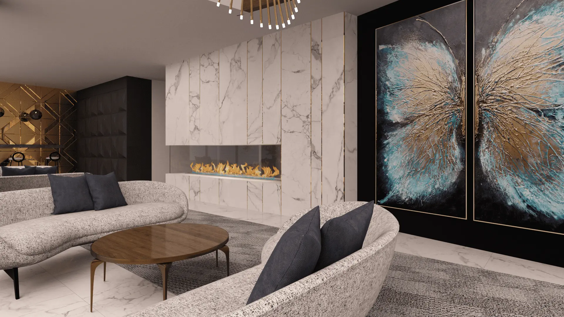 Elegant modern living room featuring curved sofas, marble accents, and striking butterfly artwork.