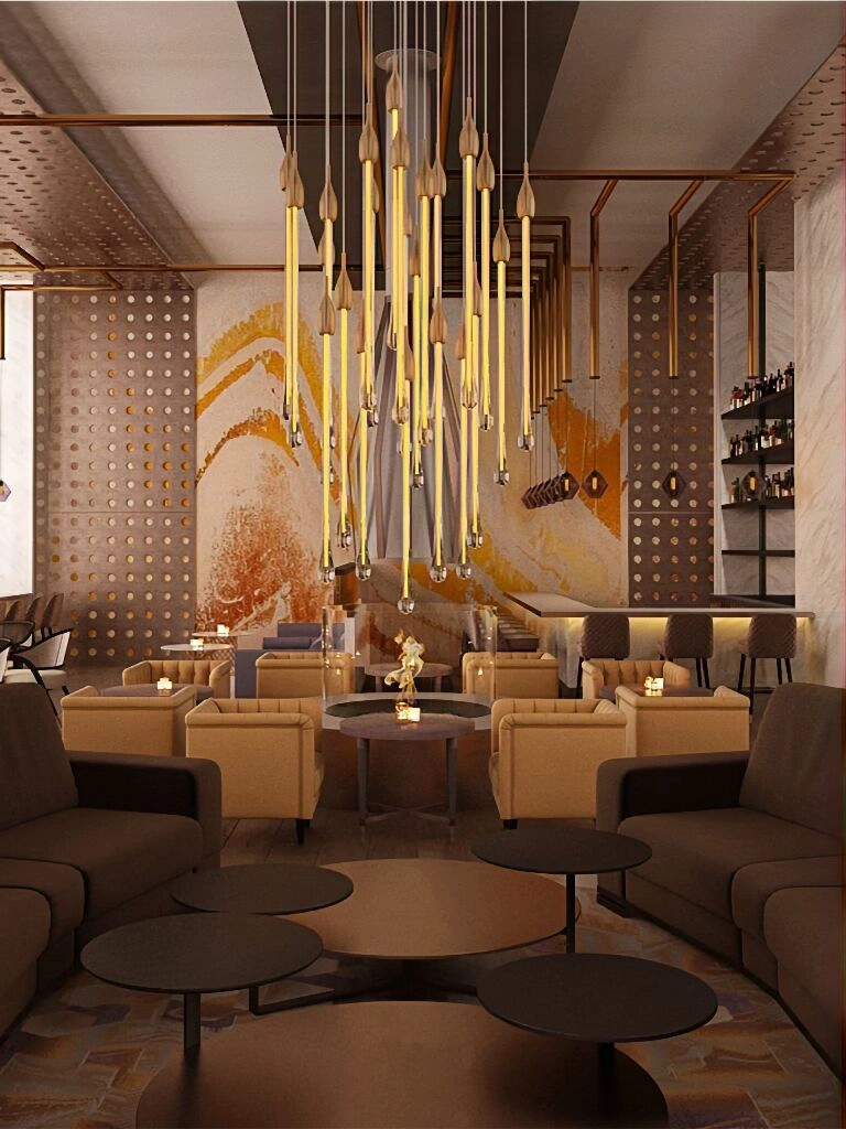 Stylish lounge with statement light fixture — Bellevue, Ariana Designs