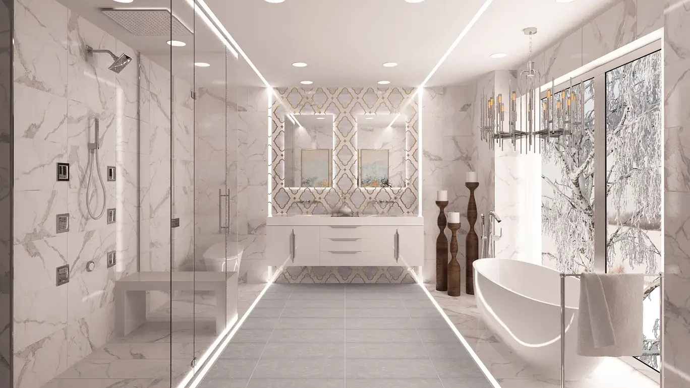 Luxurious modern bathroom featuring marble, a freestanding tub, and natural light.