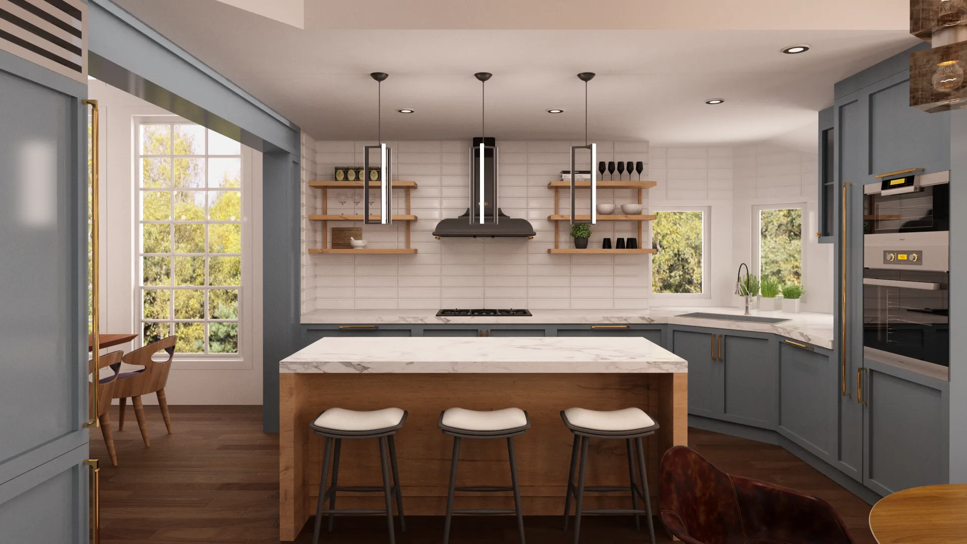 Elegant blue kitchen cabinetry with black accents — Ariana Designs, Bellevue