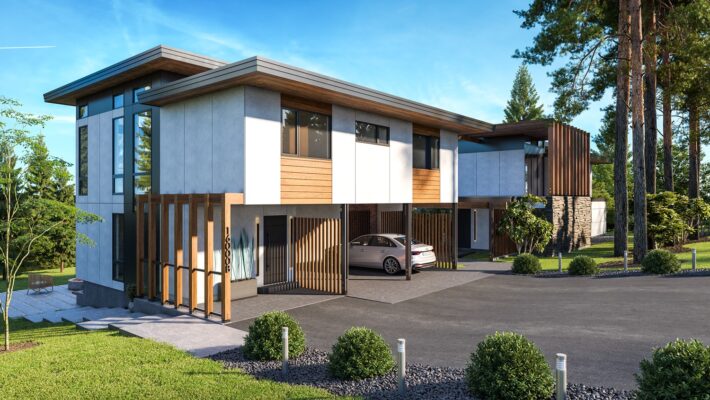 Contemporary modern house design featuring sleek lines, natural landscaping, and elegant architectural elements.