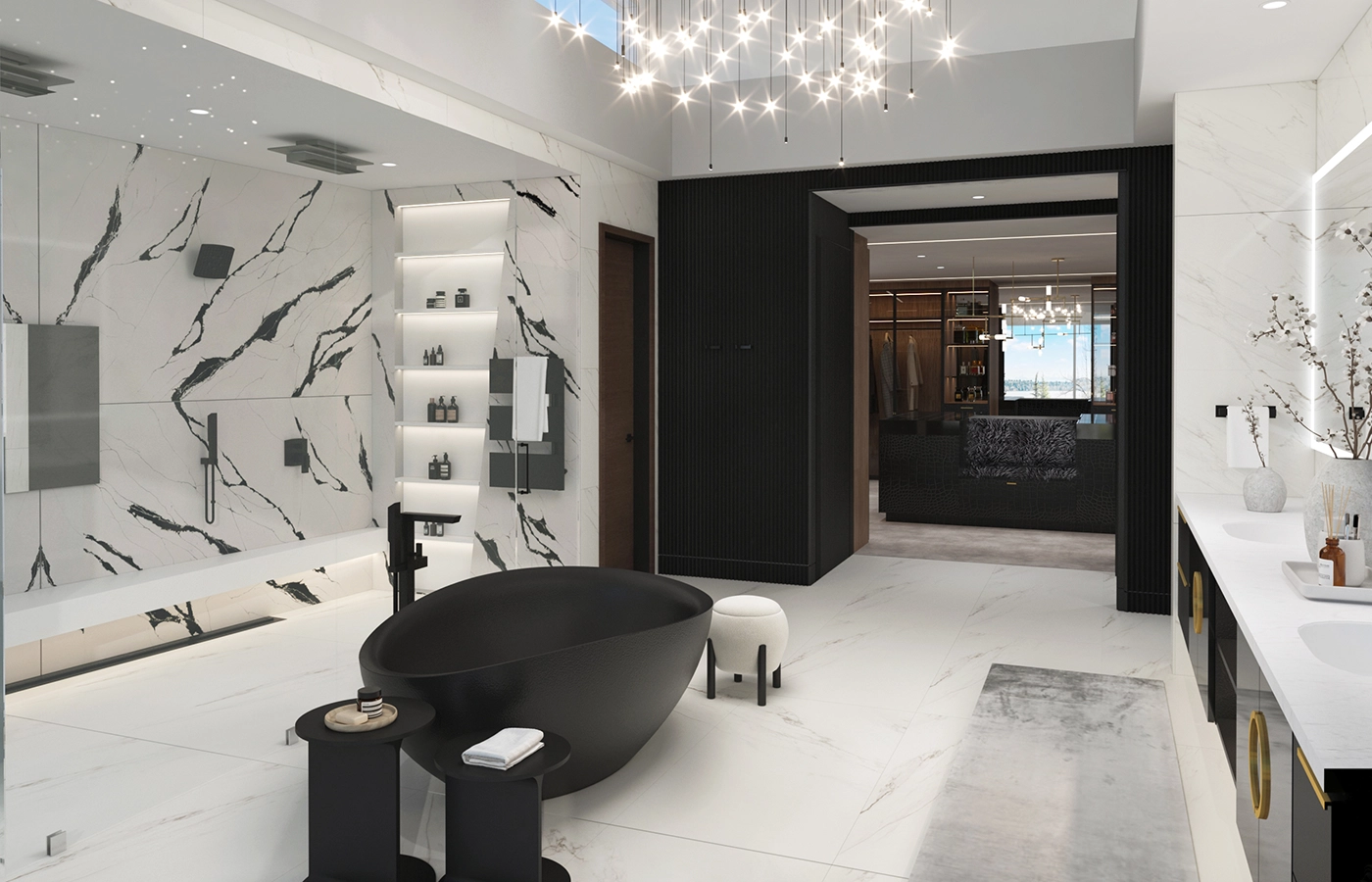 Luxurious modern bathroom with freestanding bathtub, marble, and double vanity — Medina, Ariana Designs