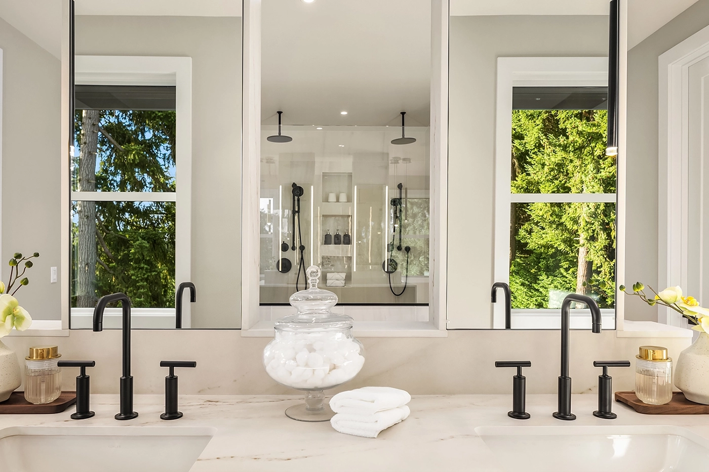 Elegant modern bathroom with marble countertops and serene natural elements — Tailhook, Ariana Designs