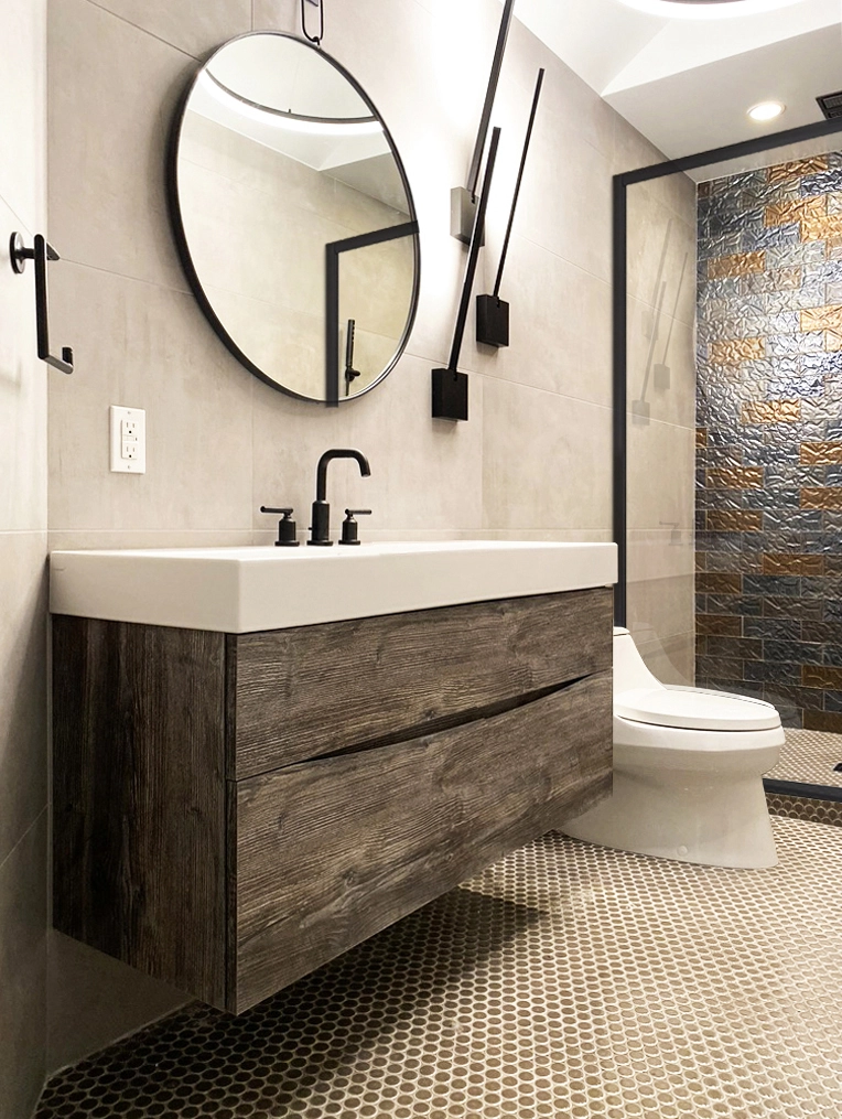 Minimalist bathroom with natural wood accents — Ariana Designs, Seattle