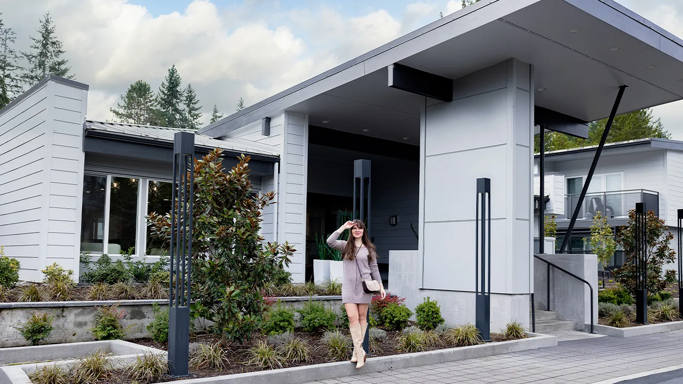 Modern residential building landscaped garden large windows — Ariana Designs, Bellevue Washington