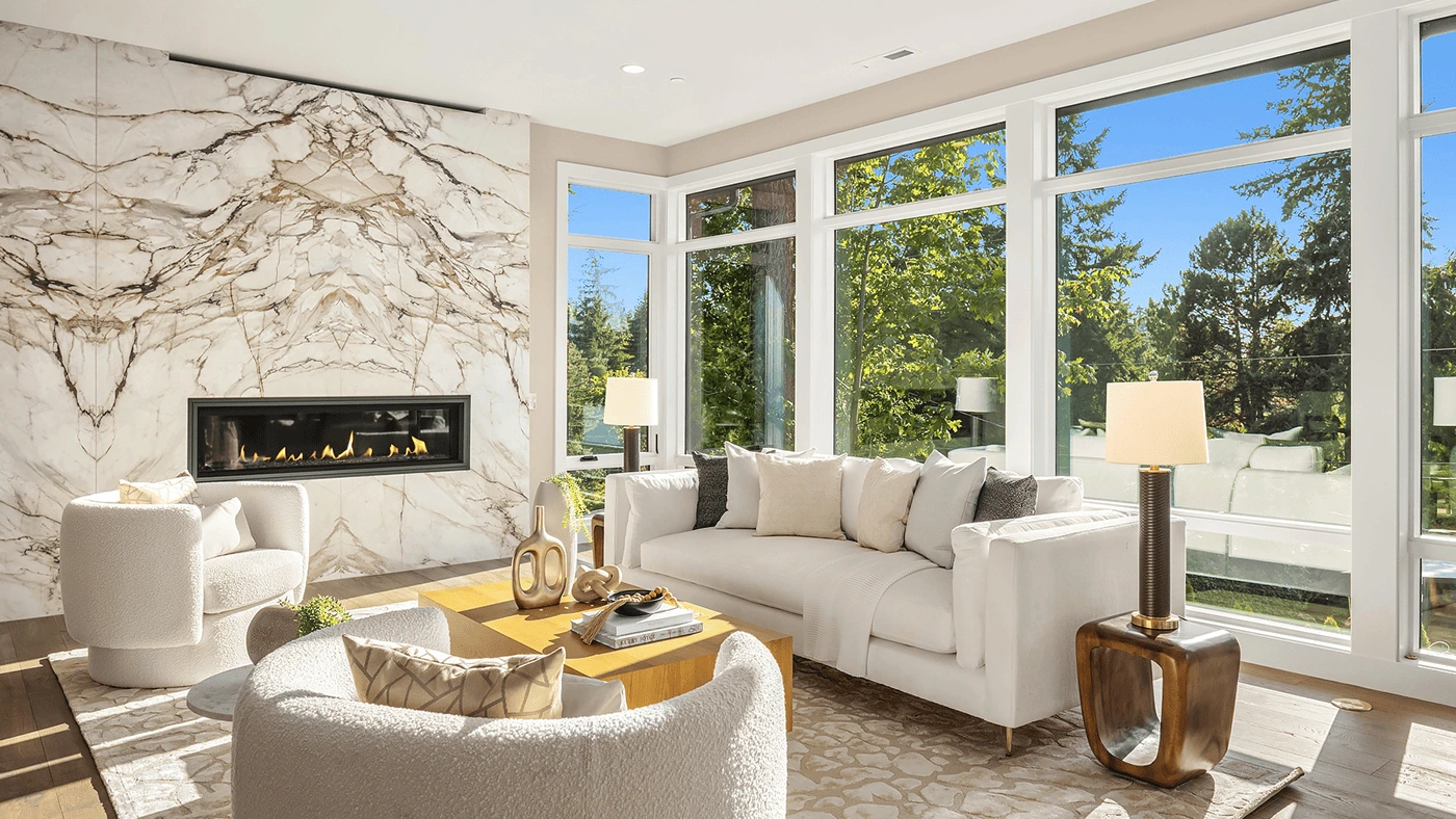 Book-matched marble fireplace — floor to ceiling, wall to wall, Ariana Designs, Bellevue