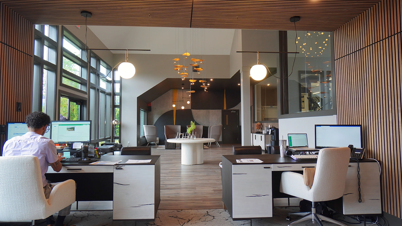 One Jefferson co-working lounge collaboration area — Ariana Designs, Bellevue Washington