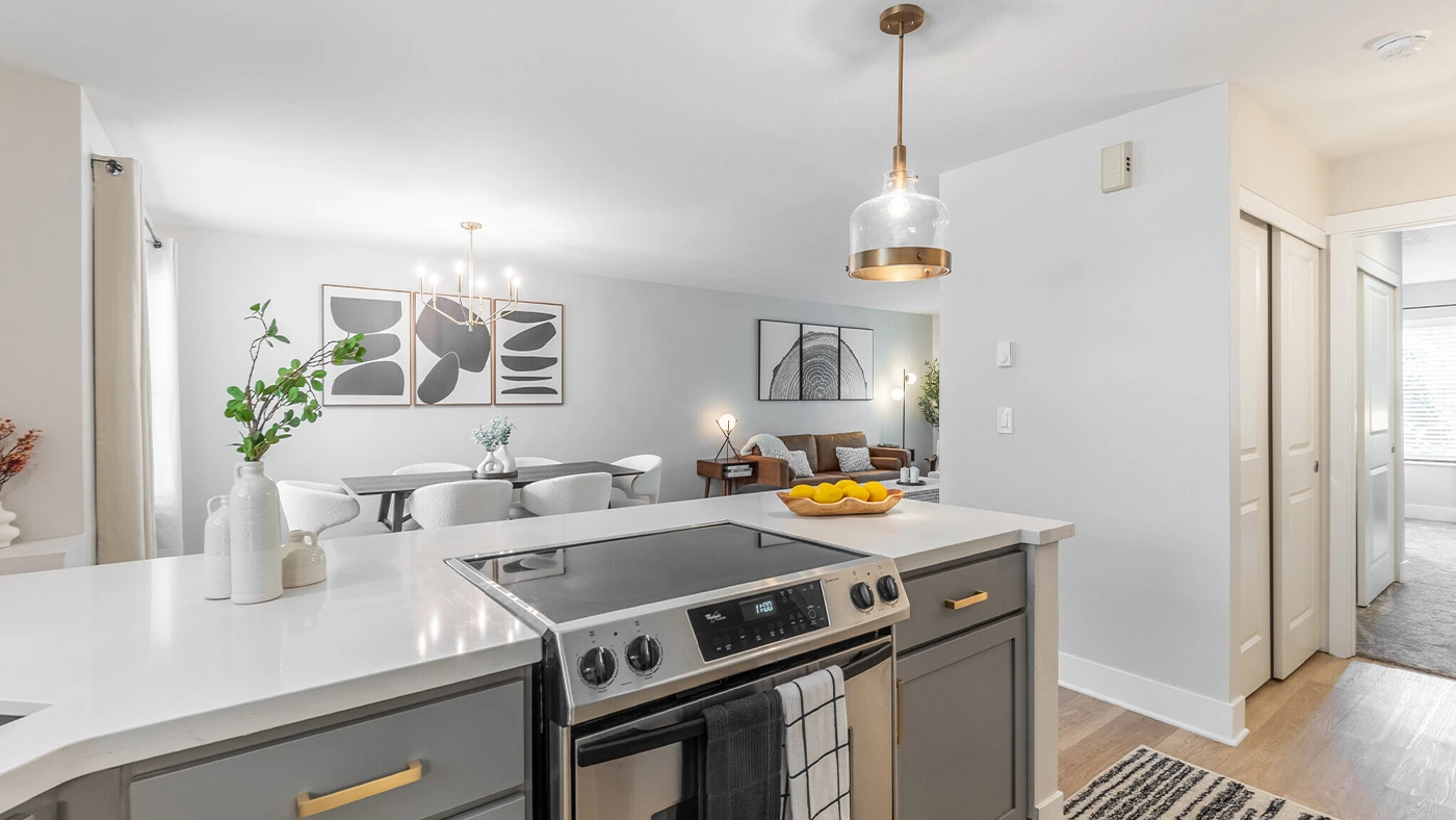 Modern open concept kitchen — One Jefferson Model Unit, Ariana Designs, Lake Oswego
