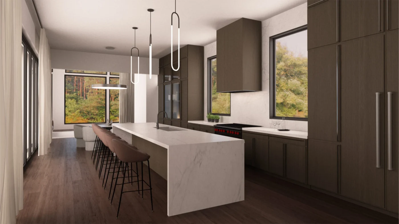 Contemporary kitchen with rich brown cabinetry, marble island, and natural light through large windows.