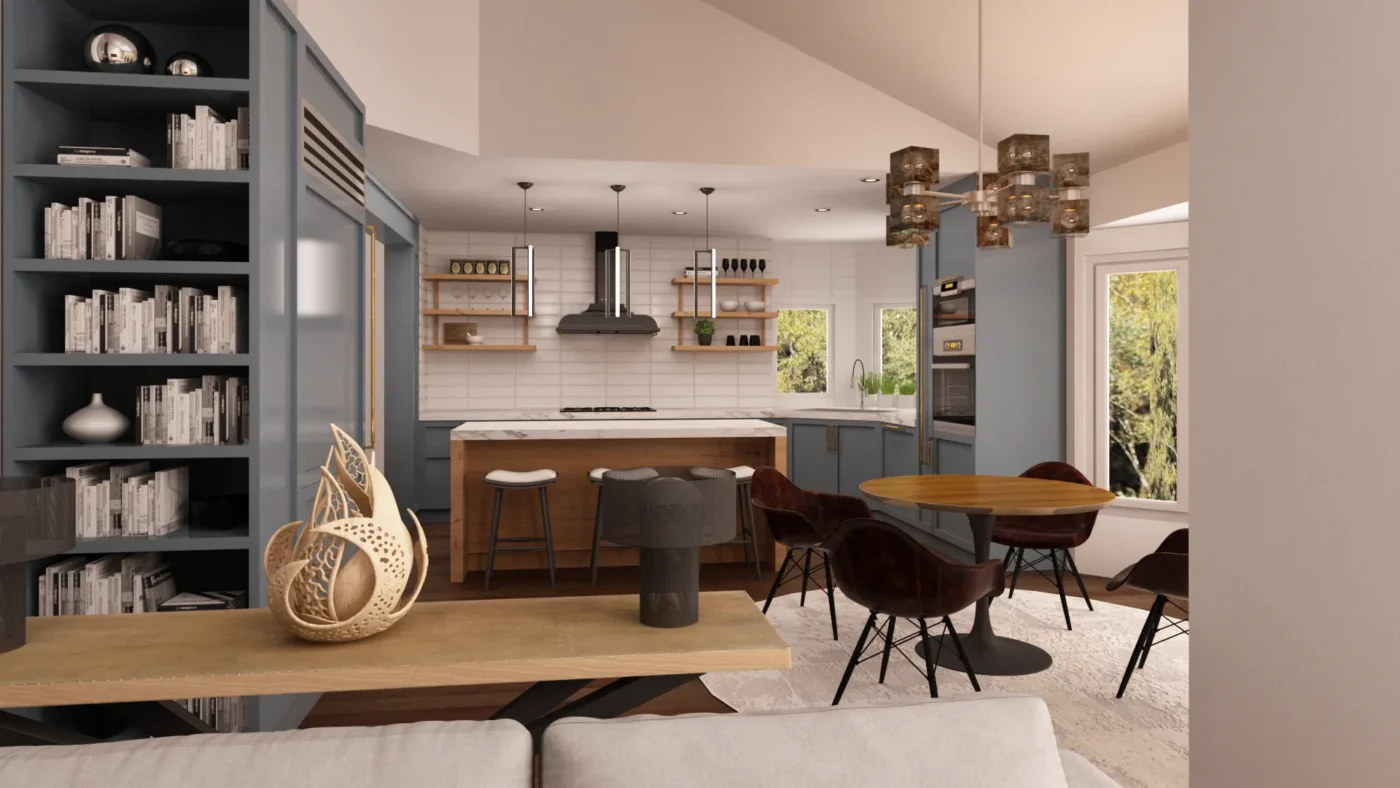 Modern open-concept kitchen and dining area with stylish furnishings and natural light.