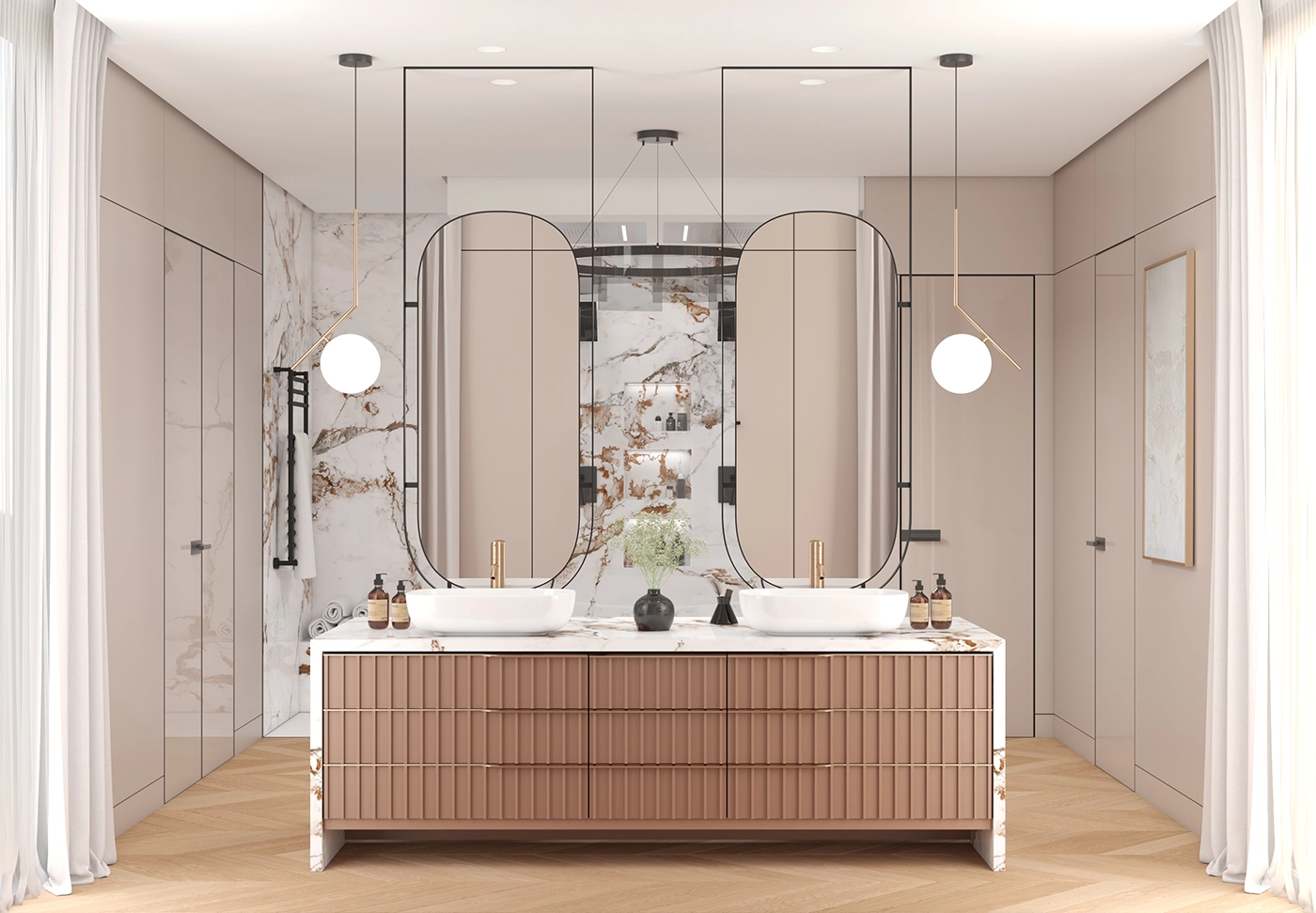 Contemporary bathroom interior design with smart storage solutions, optimizing space for functionality and style while reflecting personal design preferences.