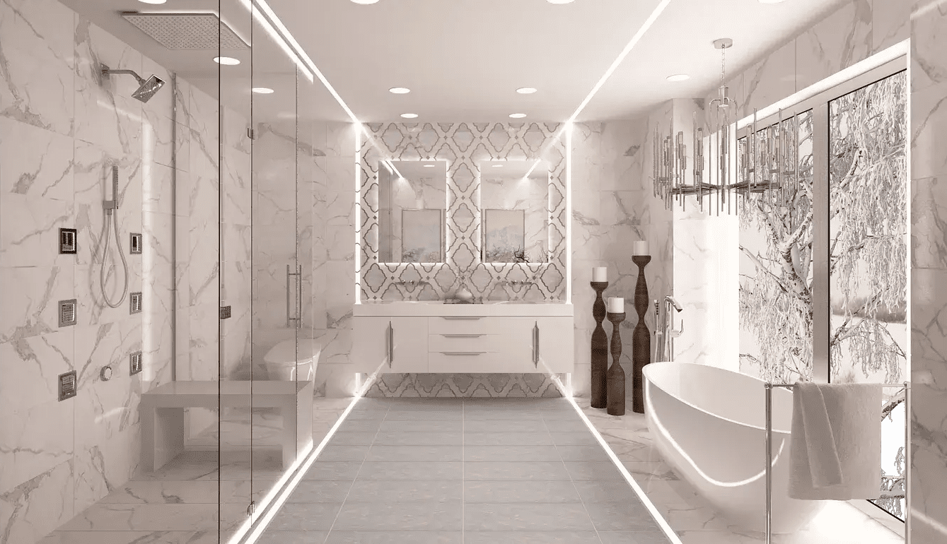 Luxurious marble bathroom with freestanding tub and elegant features — Tailhook, Medina, Ariana Designs