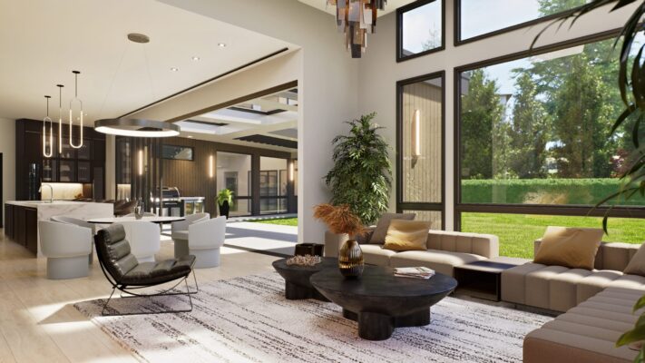 Stylish interior featuring nature-inspired elements such as large windows, indoor plants, and natural materials, creating a serene atmosphere.