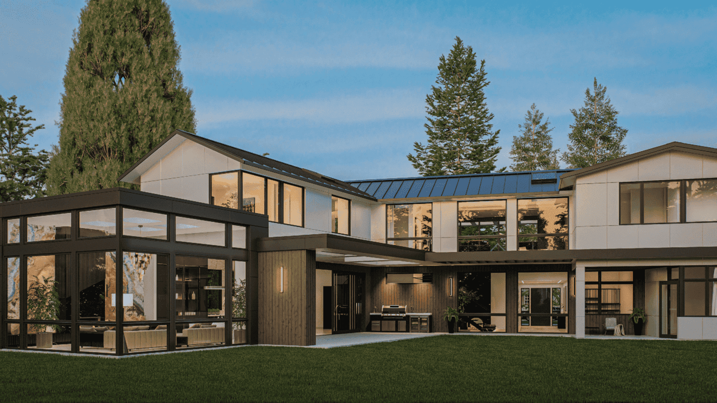 A stunning modern home featuring large windows and a spacious front yard, showcasing innovative architectural design.