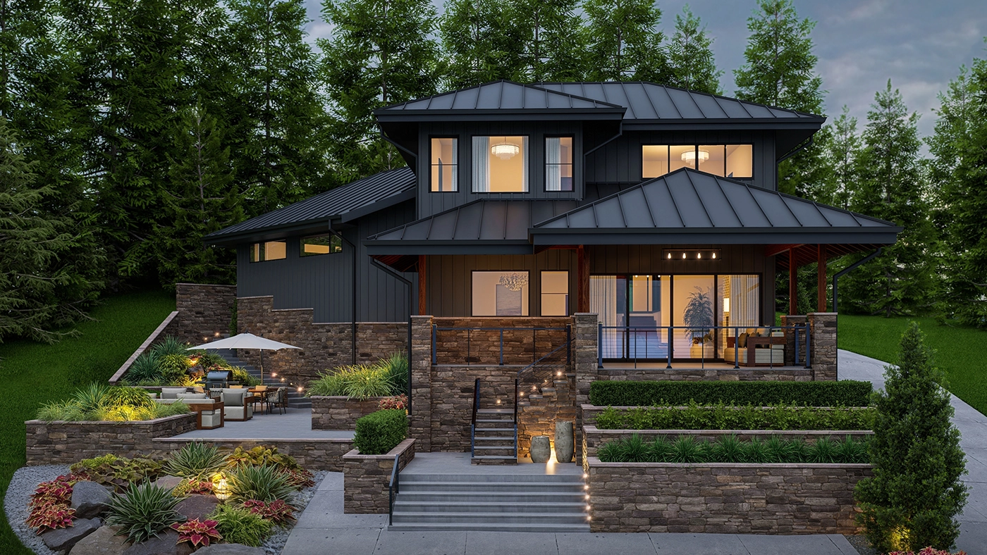 Modern multi-level home design with elegant landscaping and inviting outdoor spaces.