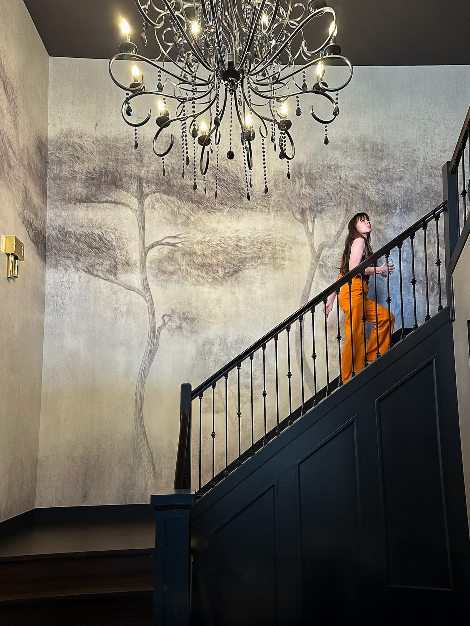 Elegant staircase interior with forest mural — Custom Design, Ariana Designs