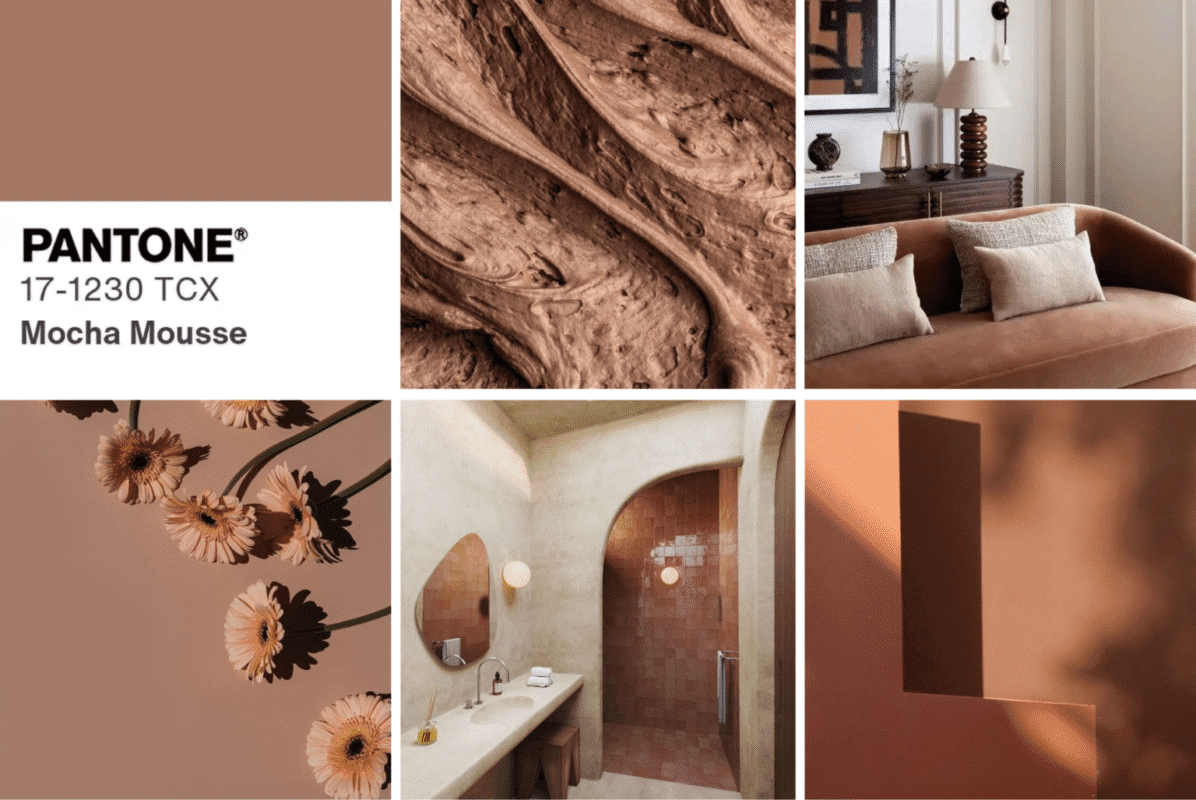 Vibrant Mocha Mousse color palette collage showcasing design, florals, and modern interiors.