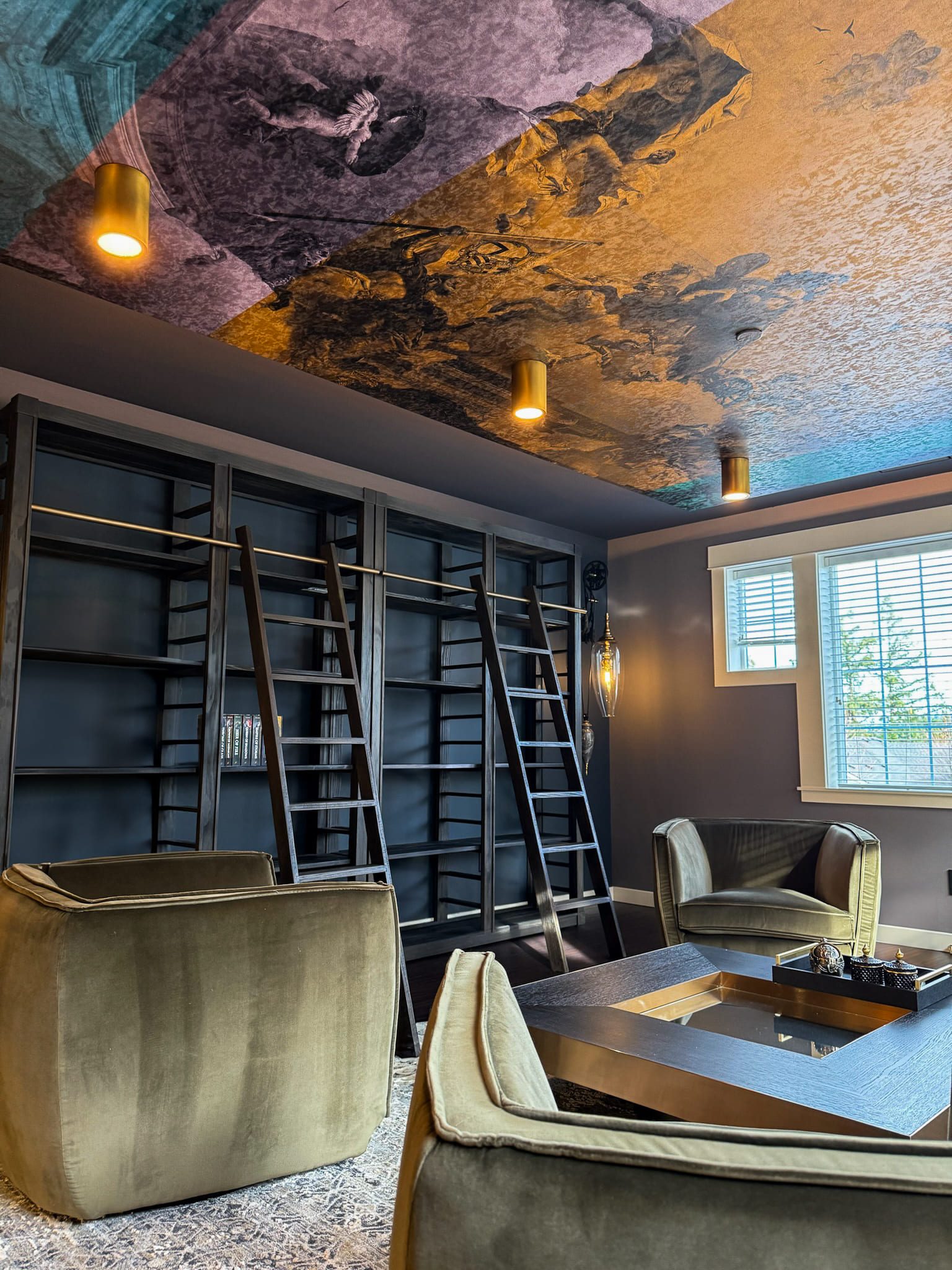 Luxurious modern reading room with artistic ceiling — Kirkland home library, Ariana Designs