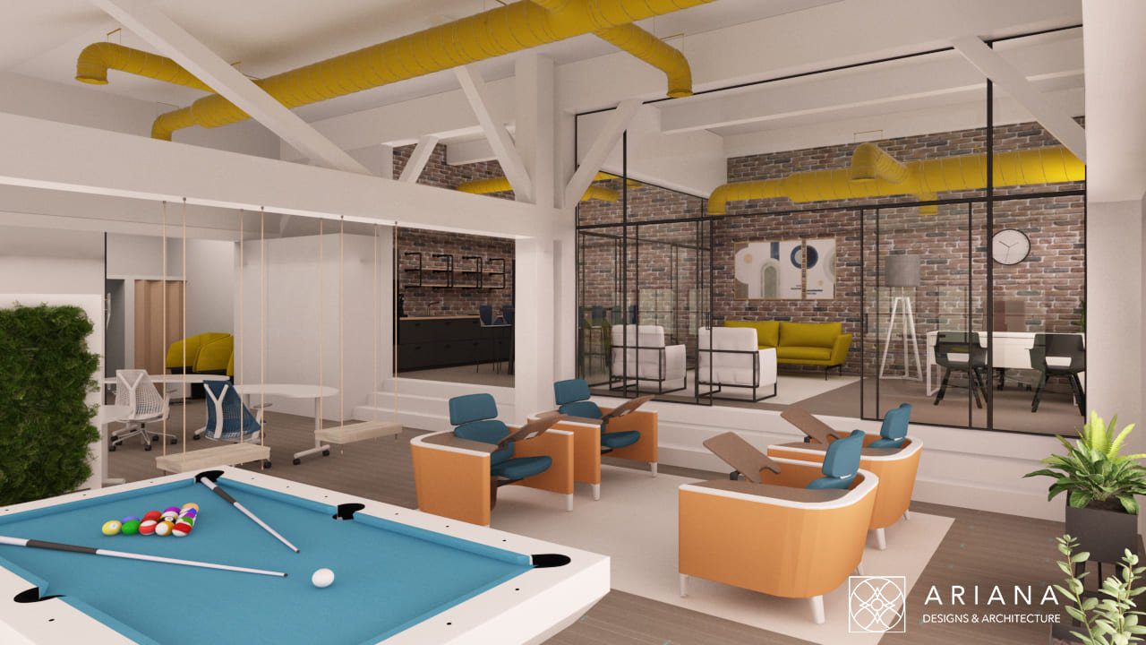 Secondary lounge white beams cozy seating — Ariana Designs, Arazi Group office