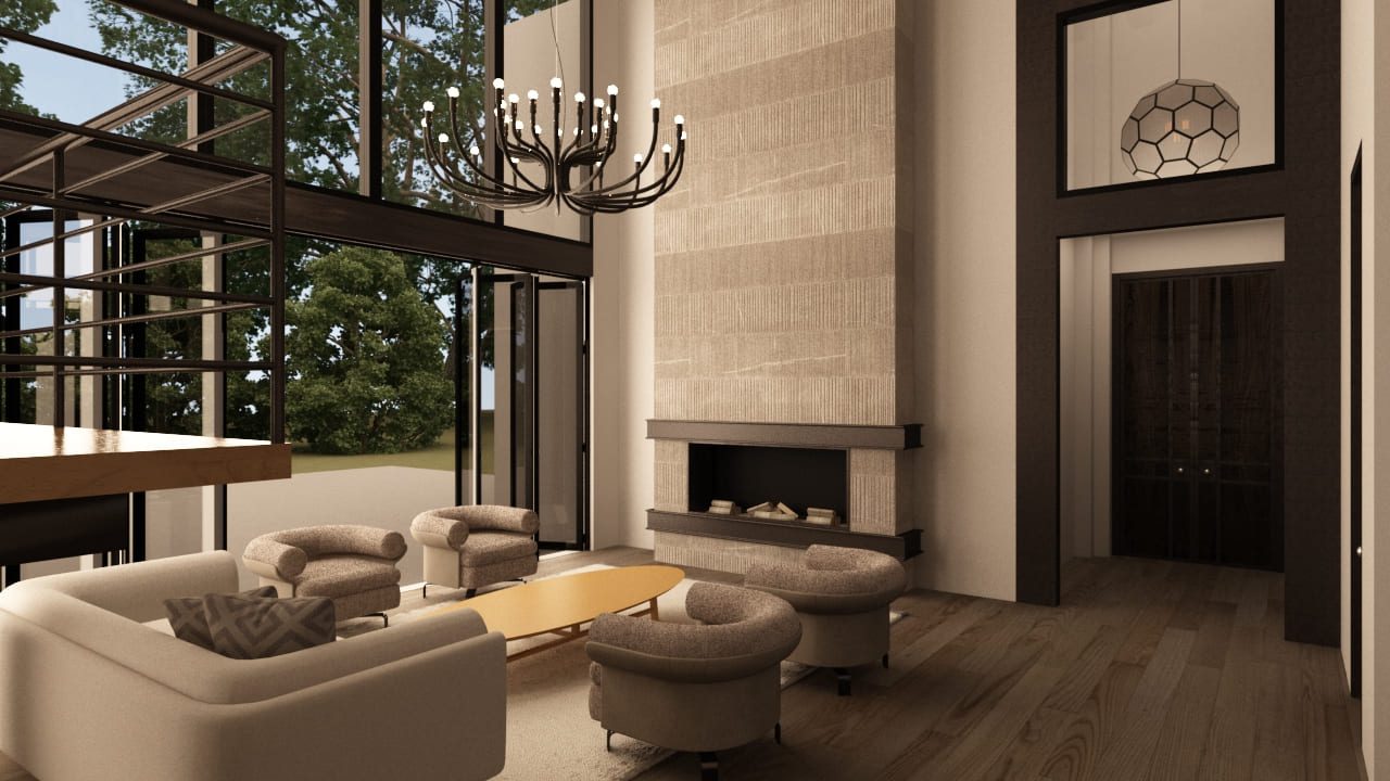 Architectural ceiling detail with wooden beams and chandelier — before and after context, Fall City