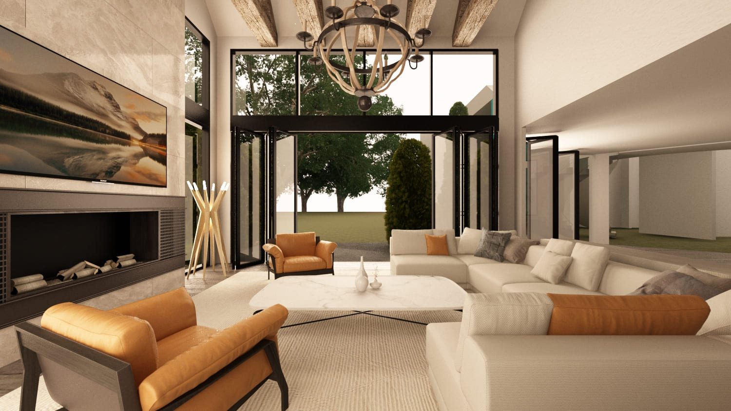 Modern living room with fireplace and comfortable seating — Fall City, Washington, Ariana Designs