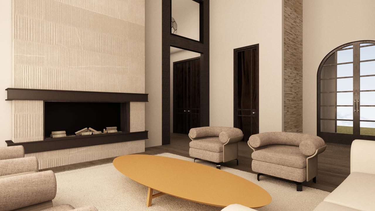 Stylish living room with contemporary fireplace and arched window — Fall City, Washington