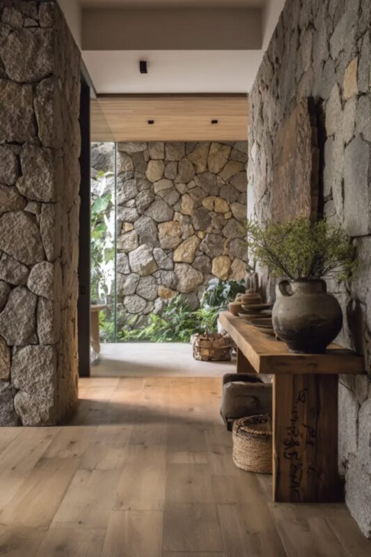 Biophilic interior design in a Pacific Northwest home featuring natural materials, plants, and organic textures