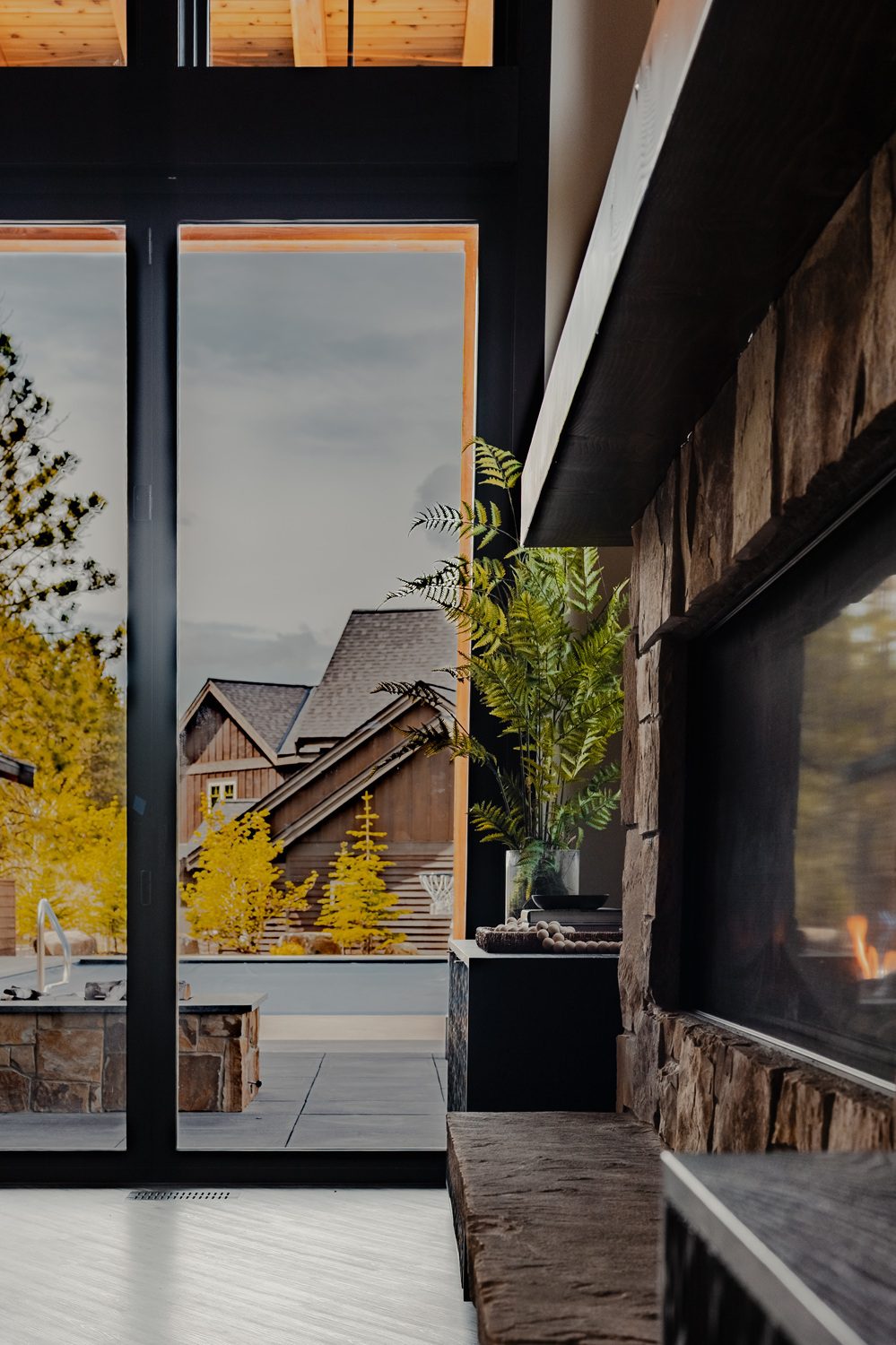 Side view of the Suncadia family room fireplace and lounge — Ariana Designs & Interiors
