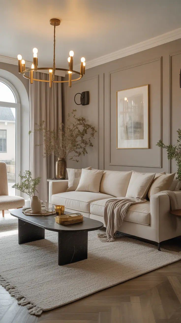 Neutral palette living room with warm lighting and layered natural texture