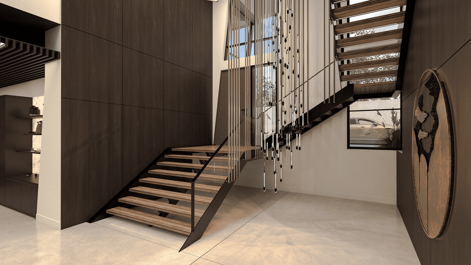 Detail of a modern wood and steel open-riser staircase with hanging glass droplet pendants and warm wood wall cladding — Ariana Designs & Interiors, Kirkland