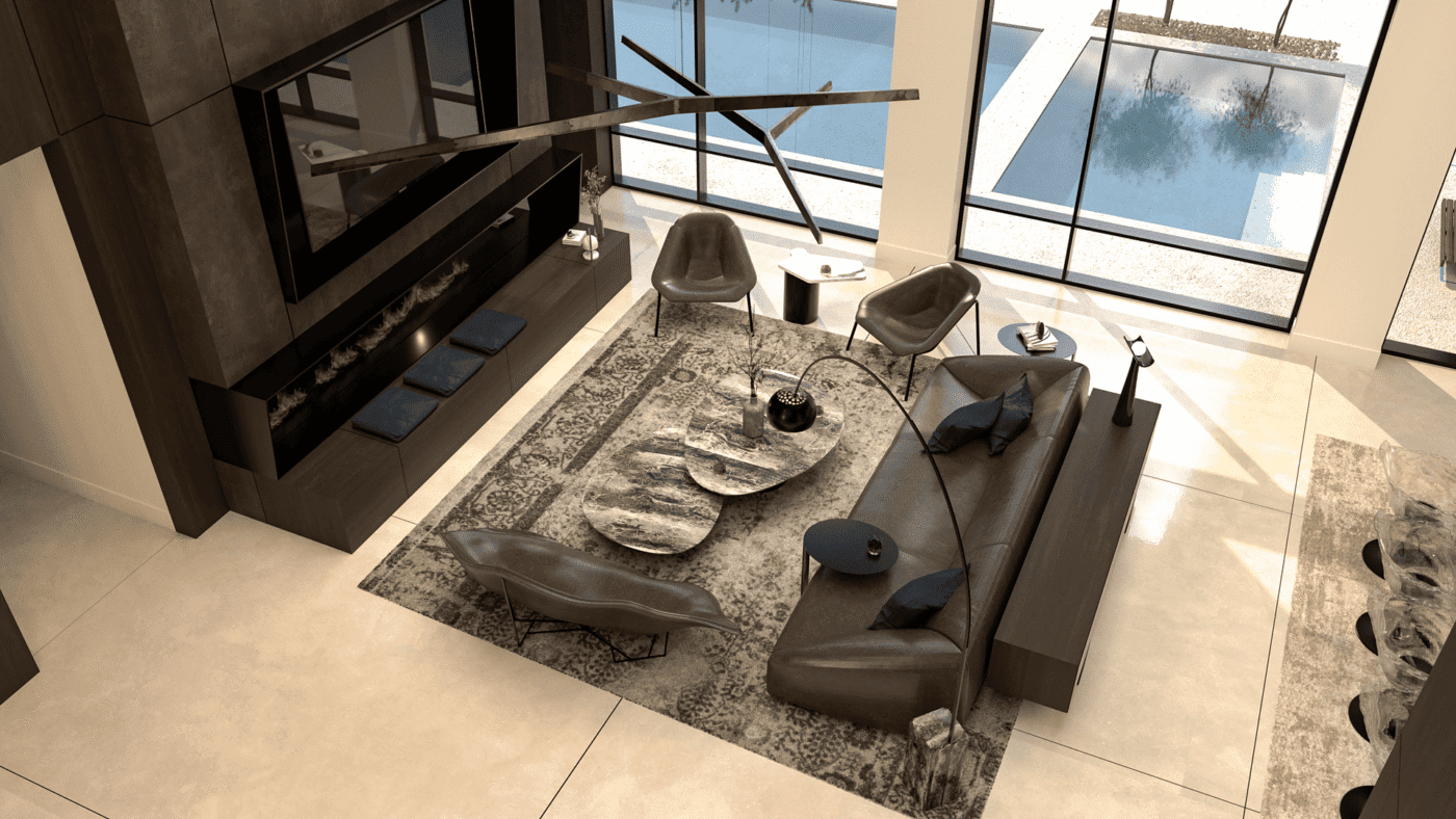 Aerial view of a contemporary lounge with stone coffee tables, tailored seating, and full-height windows overlooking a pool.