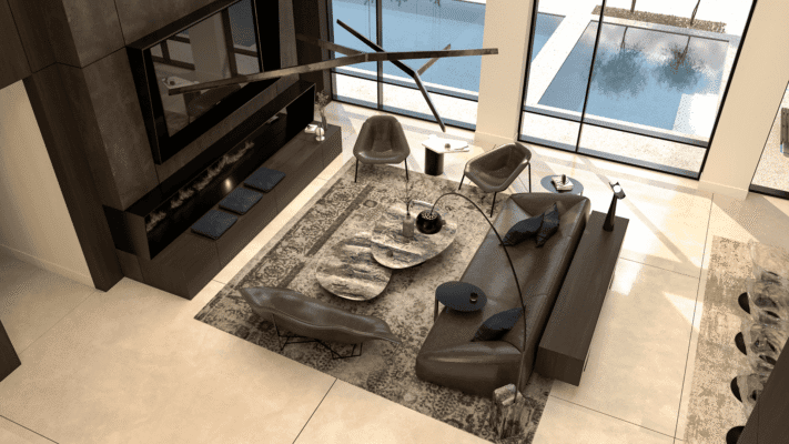 Aerial view of a contemporary lounge with stone coffee tables, tailored seating, and full-height windows overlooking a pool.