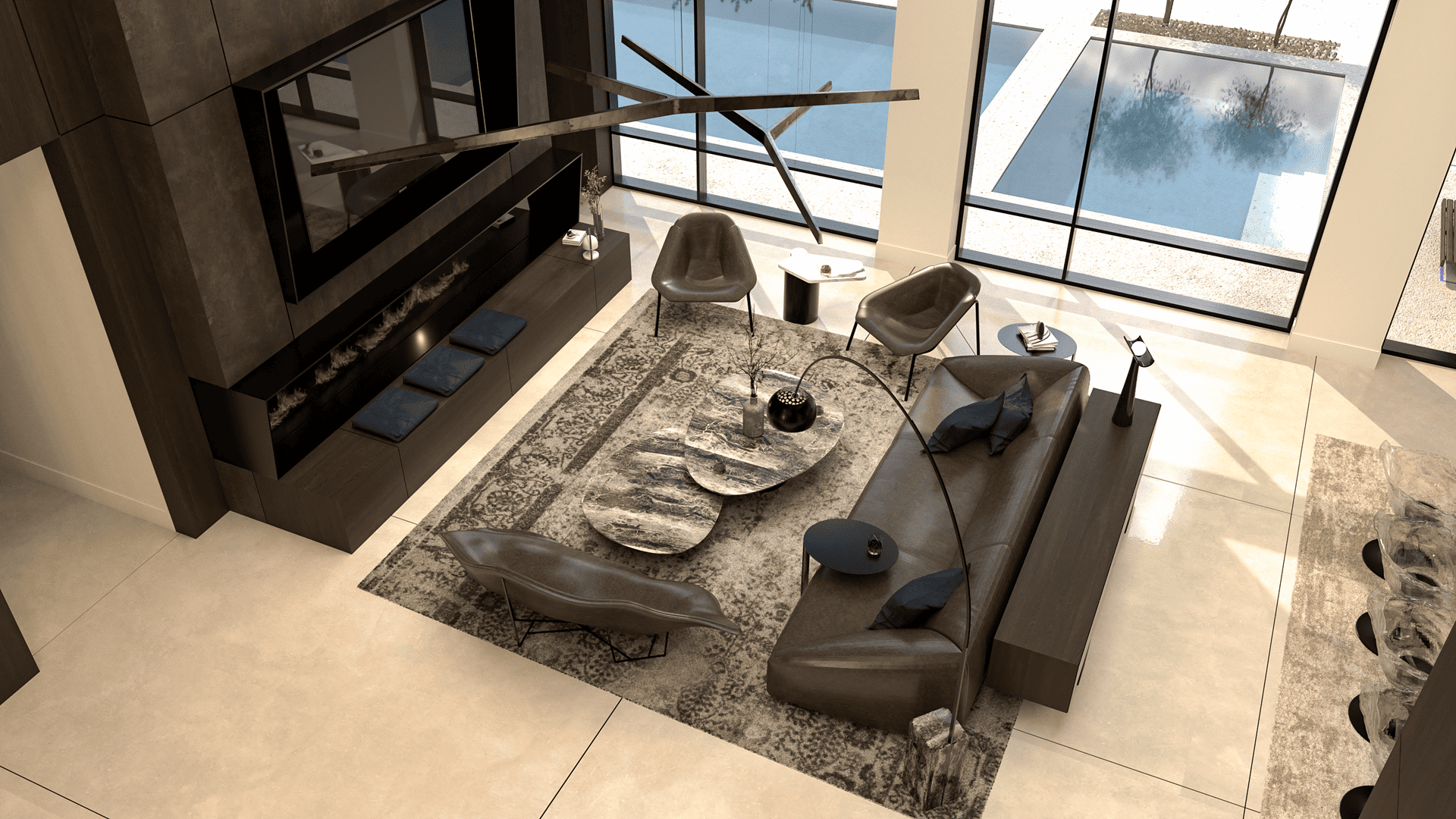 Aerial view of a contemporary lounge with stone coffee tables, tailored seating, and full-height windows overlooking a pool.