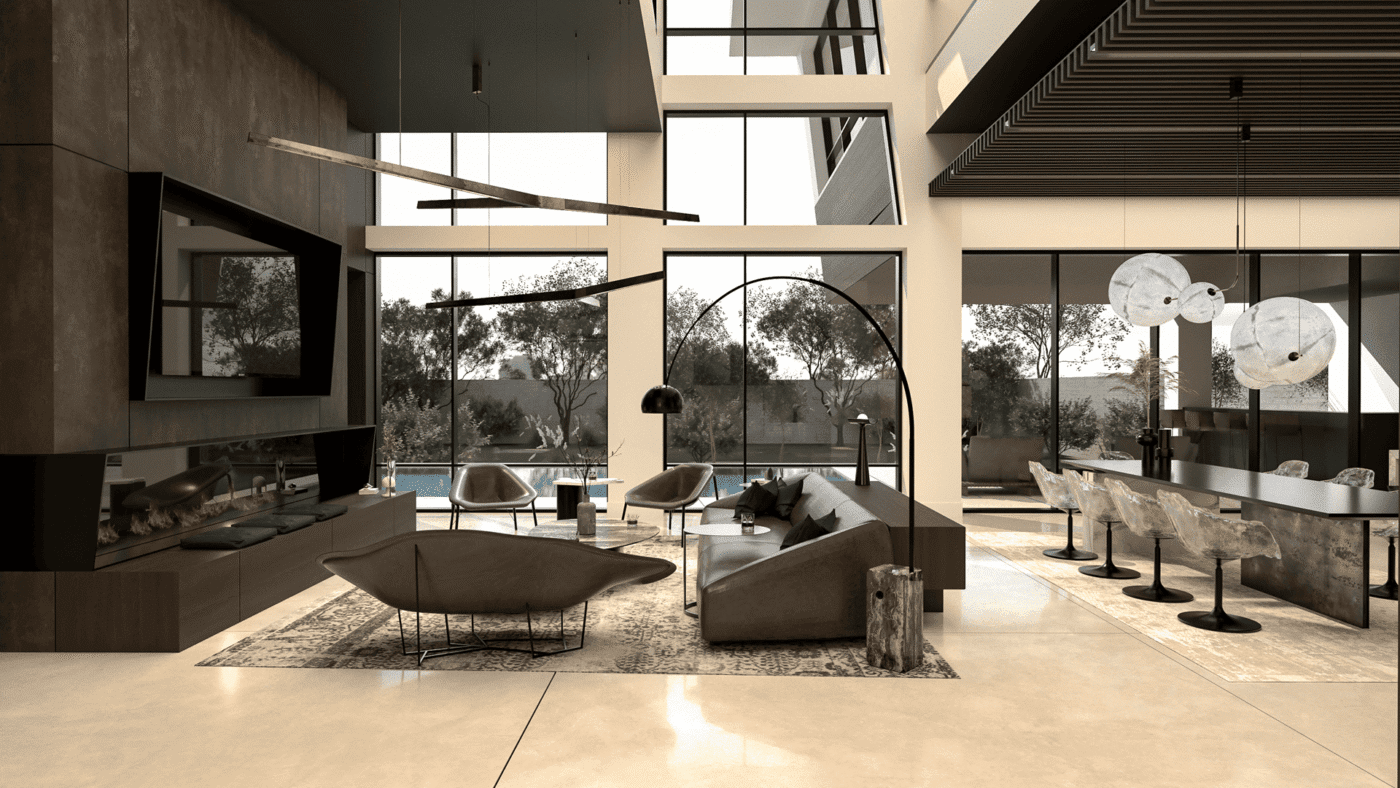 Open-plan great room with a contemporary fireplace lounge on one side and a stone kitchen island and dining area on the other, framed by expansive glazing.