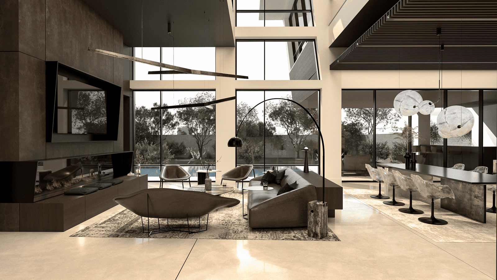 Open-plan great room with a contemporary fireplace lounge on one side and a stone kitchen island and dining area on the other, framed by expansive glazing.