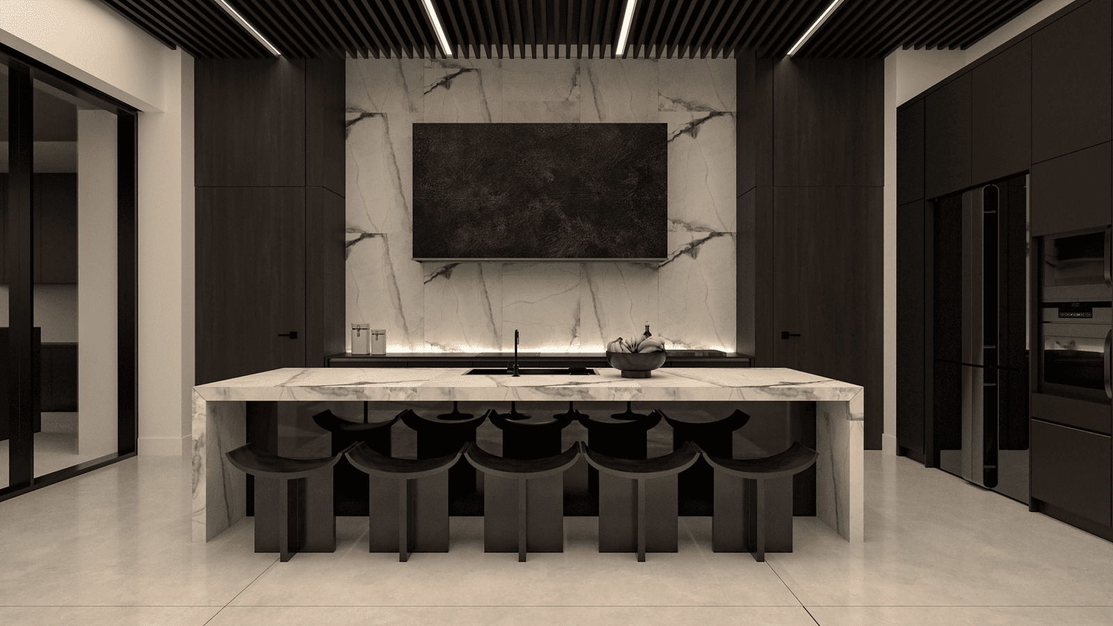 Minimalist kitchen with long stone waterfall island, sculptural stools, full-height veined stone backsplash, and dark wood cabinetry — Ariana Designs & Interiors, Kirkland
