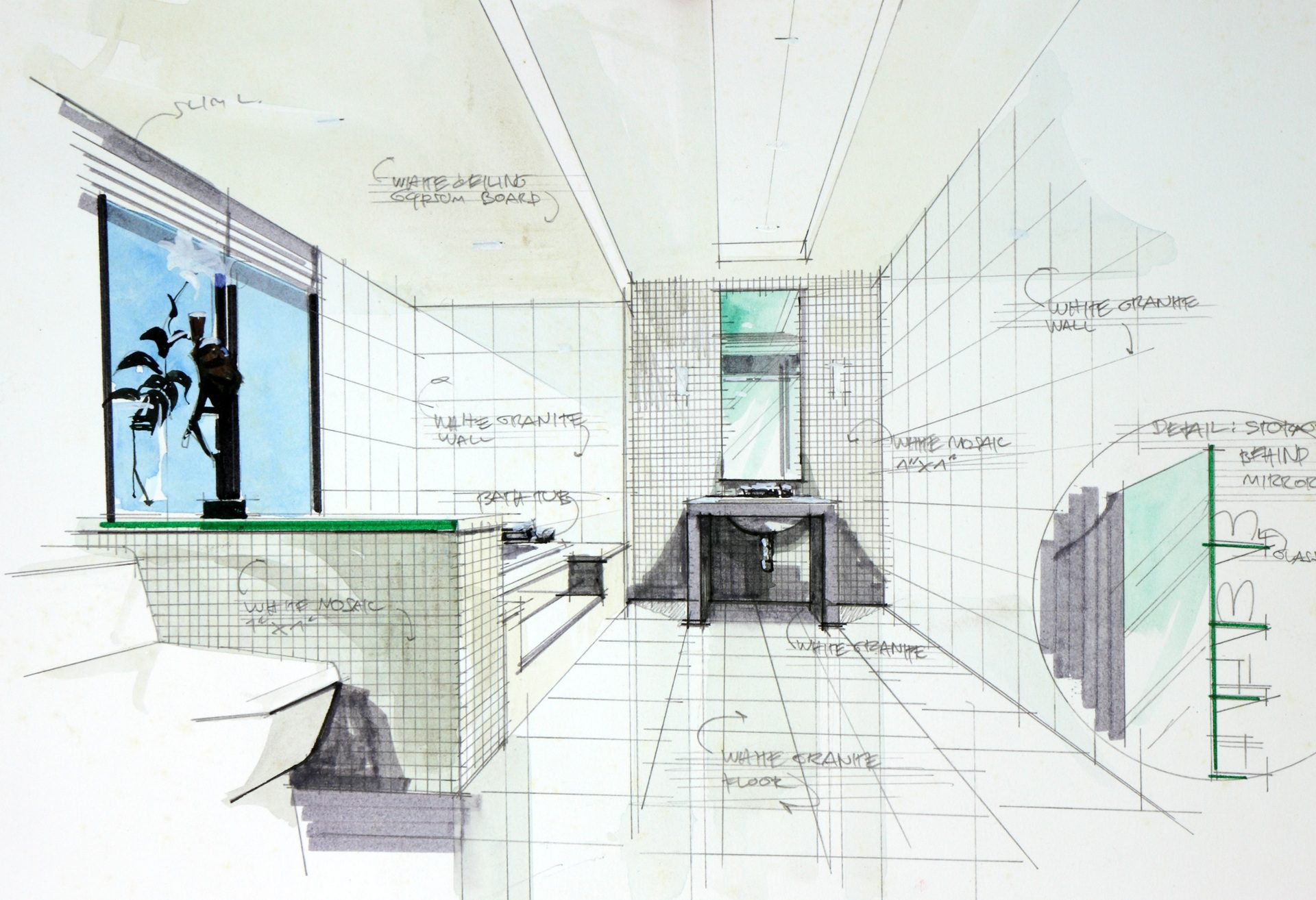 Interior Hand Drawn Perspetive Of  Bathroom — Ariana Designs & Interiors