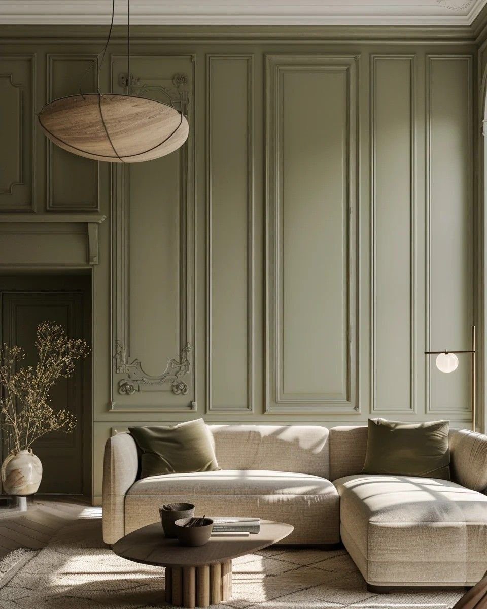 Muted sage green living room showing a warm minimalist color palette