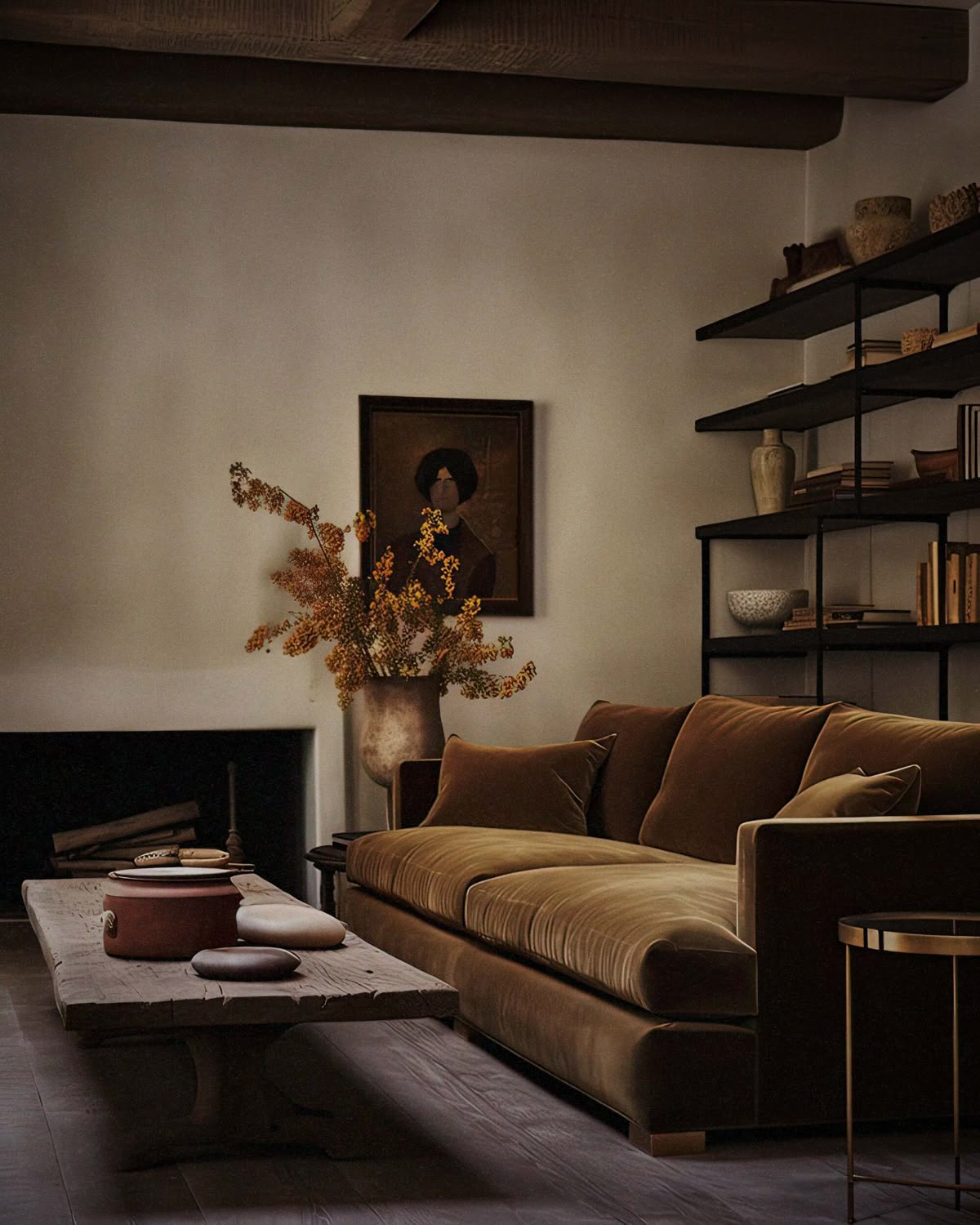 Softly lit Pacific Northwest living room with warm neutral wall paint and layered textiles